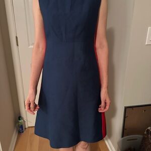 Elegant Wool and Silk Blue Dress with Red Accents